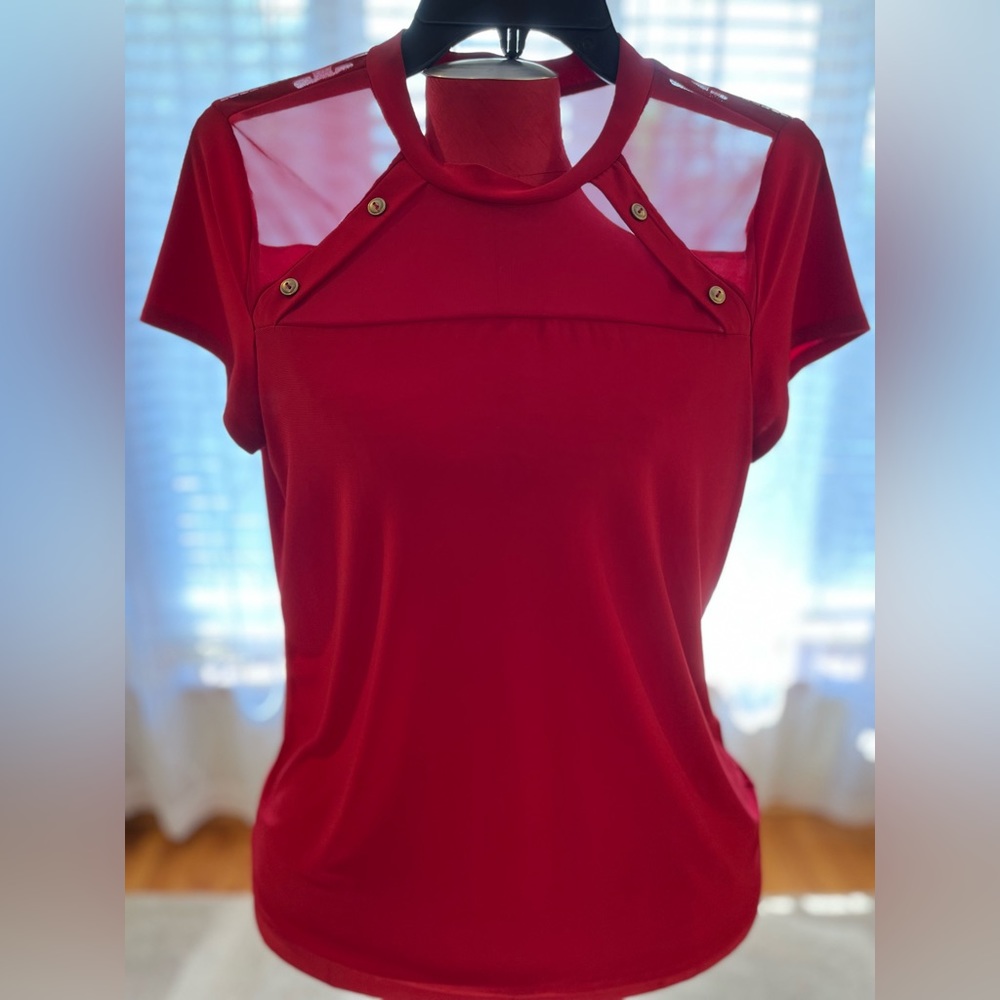 Sheer bodice, red slinky blouse from Adele & May, large.
